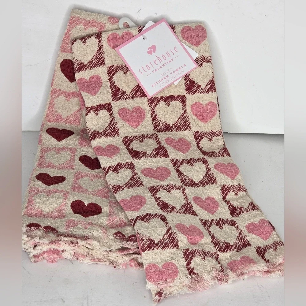 Storehouse‎ Pink And Red Heart Checkered Pattern Kitchen Hand Towels Valentine